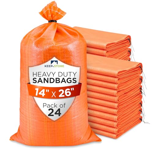 Heavy Duty Sand Bags Pack of 24, Bright Orange Empty Sandbags with Built-In Ties, Woven Polypropylene UV Protection 1600 Hours, Fillable Bags for Flood Control, Weight, 14x26 inches, 50 Pounds Volume - size: 14"W x 26"L, style: Pack of 24