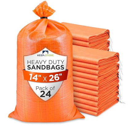 Heavy Duty Sand Bags Pack of 24, Bright Orange Empty Sandbags with Built-In Ties, Woven Polypropylene UV Protection 1600 Hours, Fillable Bags for Flood Control, Weight, 14x26 inches, 50 Pounds Volume - size: 14"W x 26"L, style: Pack of 24