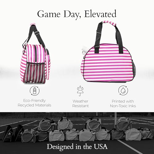 Pik’le’Ball Sport Premium Women's Pickleball Bag – Stylish and Versatile Sports Bag with Water Bottle Holder, Padded Paddle Pocket, and Spacious Design (fits 2+ Paddles!) - color: Stylish Stripe Pink