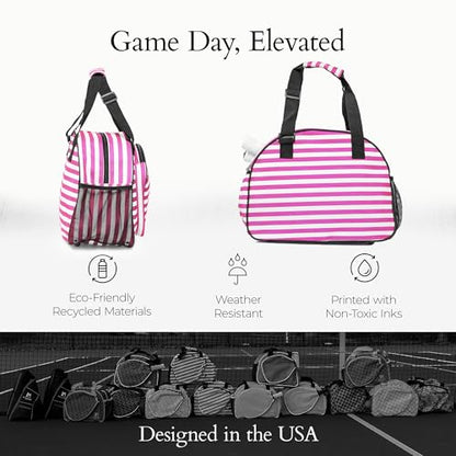 Pik’le’Ball Sport Premium Women's Pickleball Bag – Stylish and Versatile Sports Bag with Water Bottle Holder, Padded Paddle Pocket, and Spacious Design (fits 2+ Paddles!) - color: Stylish Stripe Pink