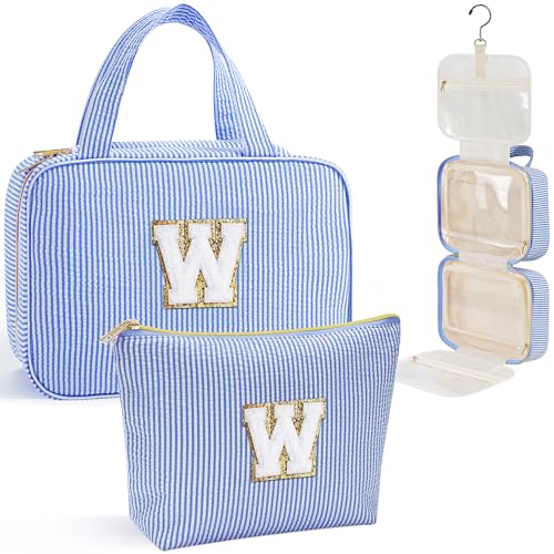 YOOLIFE Hanging Toiletry Bag for Women - Travel Toiletry Bag Makeup Bag, Portable Toiletries Cosmetic Bag, Airplane Travel Essentials - Letter W, Blue - color: Blue, style: W