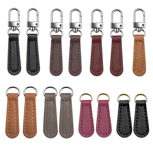 ZJO Detachable Leather Zipper Pull Replacement Kit, 16 Pieces, Universal Repair Tabs for Luggage, Backpacks, Jackets, Purses, Black, Brown, White