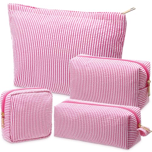 Sanwuta 4 Pcs Seersucker Pouch Cosmetic Bag Set Seersucker Makeup Bag Women Stripe Large Travel Toiletry Organizer Aesthetic Preppy Storage for Embroidery Women Bridesmaid Gifts(Pink) - color: Pink