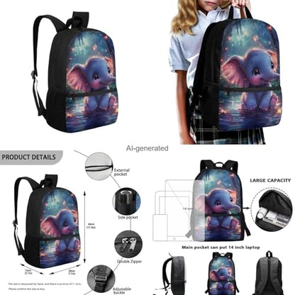 Cute Elephant Backpack for Kids Girls Backpack with Lunch Box Water Bottle Holder with Strap and Soft Pencil Case 4PCS Set Elementary Bookbag with Front Pocket 17 inch Sturdy School Bag - color: Little Elephant