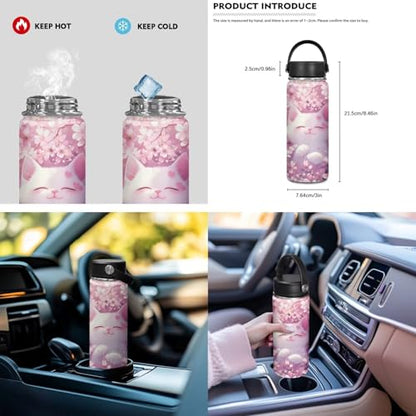 ZOUTAIRONG School Bags for Girls 7-10/10-12/12-17, Insulated Water Bottle for Hot & Cold Drinks, Cherry Blossom Cat Design Casual Backpack with Side Pockets - color: Cherry Blossom Cat