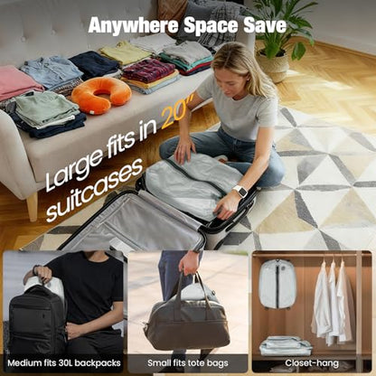 3 Pack Vacuum Bags for Travel with Pump, 3-Size Set Reusable Vacuum Compression Bags for Luggage, Space Saver IP67 Waterproof Vacuum Packing Cubes for Suitcase&Backpack, Grey white