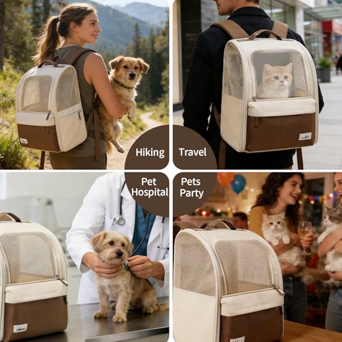 wakytu Cat Carrier Backpack,Steel Wire Frame More Stable,600D Wear-Resistant Oxford Fabric, Dog Carrier Cat Backpacks Suitable for Travel,Beige - color: Beige