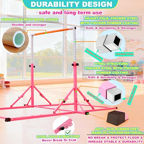 Marfula Gymnastic Bar For Kid and Teenage of 3-25, 5Ft/8 FT Base Length 4Ft Width 5Ft Adjust Height, Gymnastic Kip Bar For Gymnast, Gymnastic Training Equipment For Professional Training Home Club Use - color: Pink (New Style - 8 Ft Base)