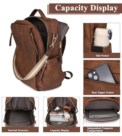 myfriday PU Leather Large Backpack Purse for Women Casual Travel Backpack Convertible Satchel Handbags With Luggage Strap (Dark brown) - color: Dark Brown