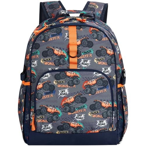 Choco Mocha Monster Truck Backpack for Kids Boys, Elementary School Backpack for Boys Ages 6-8 Kids Bookbag 17 Inch with Chest Strap, Orange - color: Truck Orange