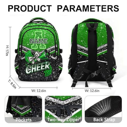 Custom Cheer Backpack for School, Cute 17 Inch Lightweight Cheerleading Initial Backpacks Gift for Team Camp Picnic Travel Gym - color: Green