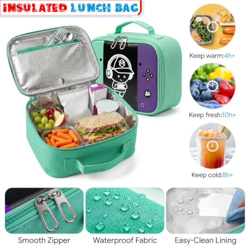 Boys Backpack, Luminous Gamer Backpack for Boys with Lunch Box,Pencil Case and Coin Puese,Kids Schoolbag Bookbag for Teen Boy Elementary Middle High School Travel(Green-Purple) - color: Green-purple