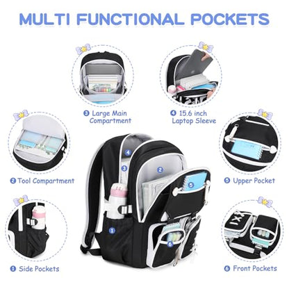 MOONBABY Girls Backpack with Lunch Box & Pencil Case for Kids Teens Bookbag for Elementary Primary Middle High School Daypack - color: Black-3pcs