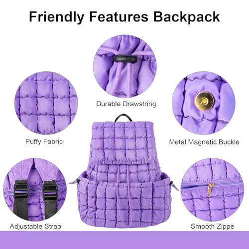 XSUIOY Quilted Backpack Purse for Women Small Lightweight Puffer Puffy College Laptop Backpack Nylon Casual Bookbag Daypack Top Flap Drawstring Padding Hiker Travel Gym Backpack(Purple) - color: Purple