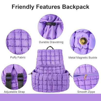 XSUIOY Quilted Backpack Purse for Women Small Lightweight Puffer Puffy College Laptop Backpack Nylon Casual Bookbag Daypack Top Flap Drawstring Padding Hiker Travel Gym Backpack(Purple) - color: Purple