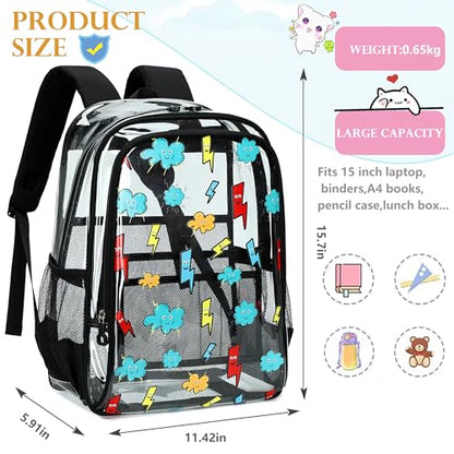 AO ALI VICTORY Clear Backpack for School,PVC Transparent Kids Bookbag for Girls Boys Cute Toddler Back Pack Kindergarten Elementary Schoolbag Stadium Approved See Through Backpacks,Black Lightning - color: Black Lightning