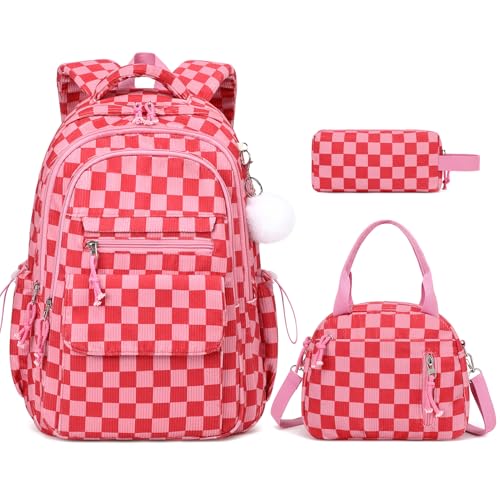 Bevalsa Backpack for Girls, 3PCS Corduroy Kids Backpack Set with Lunch Box & Pencil Pouch, Bookbag Daypack Laptop Bag for Women Teens Elementary Middle High School - color: Pink Checkerboard
