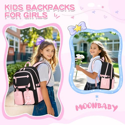 MOONBABY Girls Backpack with Lunch Box & Pencil Case for Kids Teens Bookbag for Elementary Primary Middle High School Daypack - color: Pink-3pcs
