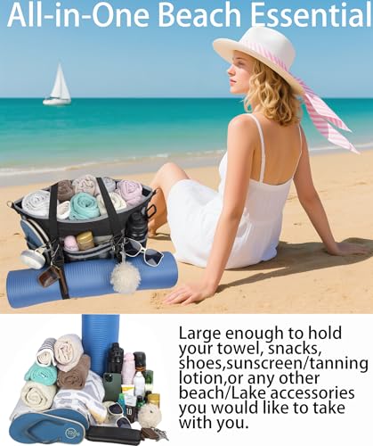 Mesh Beach Bag with Cooler Large Travel Family Vacation Essentials Pool Swimming Zipper Pocket Durable 9 Pockets - color: Black