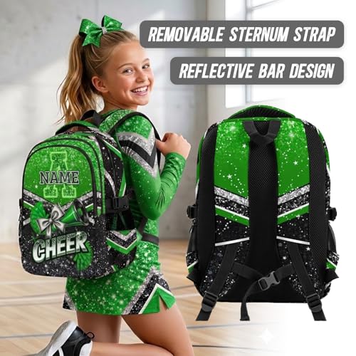 Custom Cheer Backpack for School, Cute 17 Inch Lightweight Cheerleading Initial Backpacks Gift for Team Camp Picnic Travel Gym - color: Green