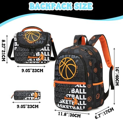 Backpack for School Boys Backpack 8-12 Years Old Kids Backpacks Boys with Lunch Box Pencil Case Kids Bookbag for Elementary Back to School Supplies - color: Black Basketball