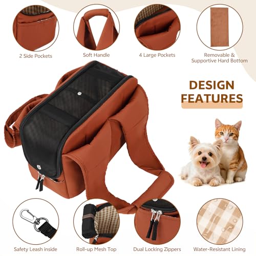 Dog Purse Carrier for Small Dogs and Cats, Soft-Sided Pet Tote Bag with 6 Large Pockets, Collapsible Travel Puppy Carrier with Small Cushion, Fits Pets up to 6 lbs (Caramel, 13.6" L x 6.6" W x 10" H) - color: Caramel, size: 13.6"L x 6.6"W x 10.0"H