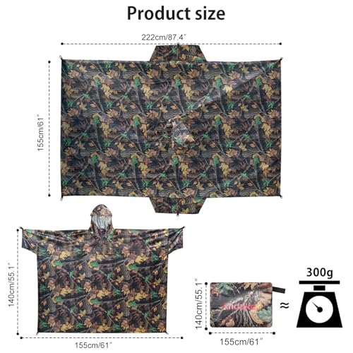 Andake Waterproof Rain Poncho for Adults Unisex,230T Ripstop Polyester,Raincoat Gear with Transparent Viewing Window Outdoors - color: Camo