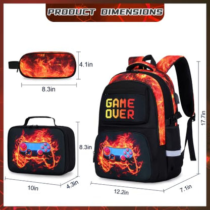 Scothen 3PCS Boys Backpack Set, Cool Backpack for Boys with Lunch Bag & Pencil Case, Kids School Bag Teen Boy Bookbag for Kindergarten Elementary Middle School with USB Charging Port - color: Red Flame