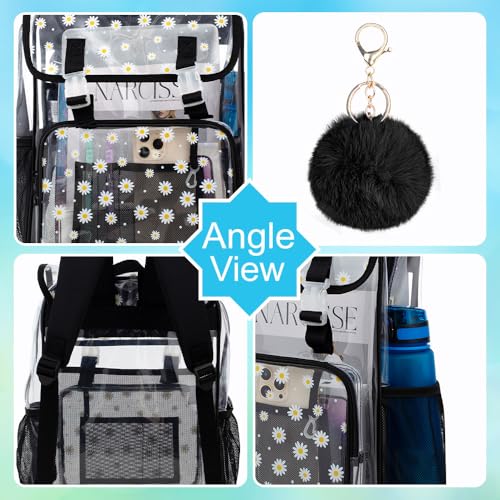 3PCS Clear Backpack, Heavy Duty Transparent Bookbag for Girls Women, Stadium Approved See Through Backpack with Lunch Box (Black Daisy) - color: Black Daisy