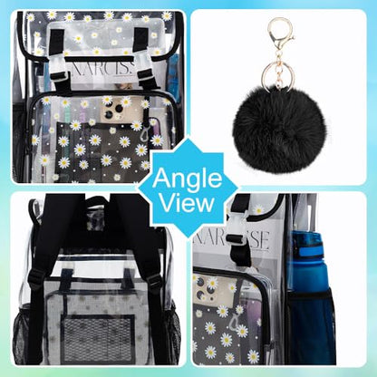 3PCS Clear Backpack, Heavy Duty Transparent Bookbag for Girls Women, Stadium Approved See Through Backpack with Lunch Box (Black Daisy) - color: Black Daisy