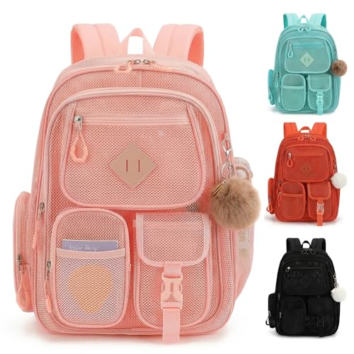 Mesh Backpack Heavy Duty, Semi-Transparent Bag for Women Girls Boys Adults, Large Capacity Bookbag with Padded Straps for School Beach Swimming Sports Travel Work-Light Pink - color: Light Pink