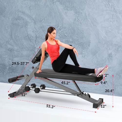 HolaHatha Adjustable Flat & Decline Bench, Weight Lifting and Training Equipment for Full Body Workout - Padded Seat and Dumbbell Storage
