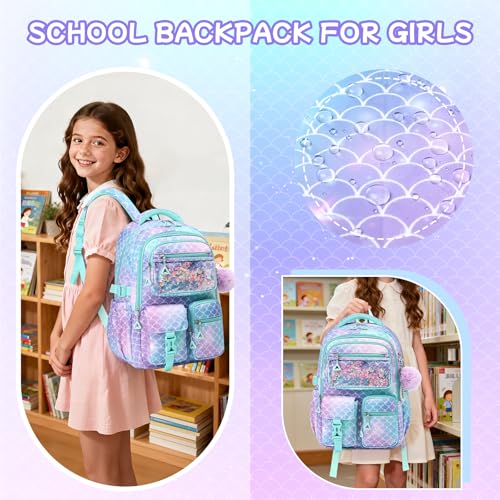Girls Backpack,School Bag for Kids,Primary,Elementary,teen ages 6-15 Girls Bookbag,Students Kawaii Backpack Blue mermaid - color: Blue Mermaid