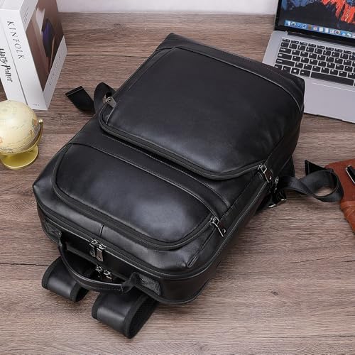 Masa Kawa Black Leather Laptop Backpack for Men Fits 16” 15.6” Computer, Business Travel Work Large Daypack Camping Weekender Bag - color: Black