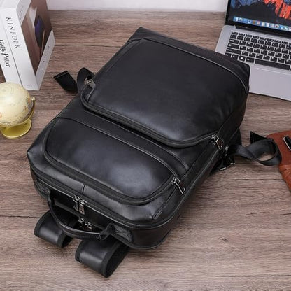 Masa Kawa Black Leather Laptop Backpack for Men Fits 16” 15.6” Computer, Business Travel Work Large Daypack Camping Weekender Bag - color: Black