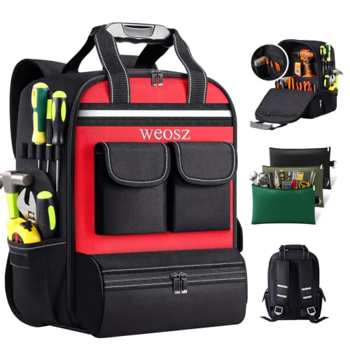 Tool Backpack for Men 18 Inch Heavy Duty Waterproof Multiple Pockets with 3 Tool Pouches Tool Bag Organizer with Shoulder for Electrician Mechanics HVAC Engineer (Red) - color: Red