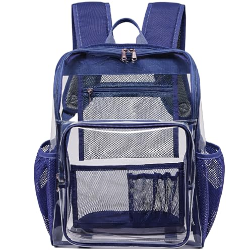 Clear Backpacks for School Large Clear Bookbag with Multi-Pockets PVC Transparent Backpack for College,Work,Navy Blue - color: Navy Blue-1pack