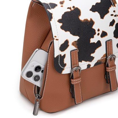 Montana West Brown Cow Print Small Backpack for Women Vegan Leather Mini Womens Backpack Purse Cute Convertible Shoulder Bag - color: Brown Cow Print