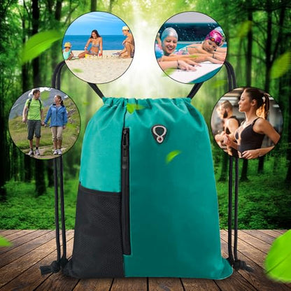BeeGreen Marrs Green Drawstring Backpack Gym Bag For Men & Women – Sports Sackpack with Mesh Water Bottle Holder & 2 Zippered Pockets – Large 16x20 Inch Cinch String Backpack - color: Marrs Green, style: Drawstring With Mesh Pocket