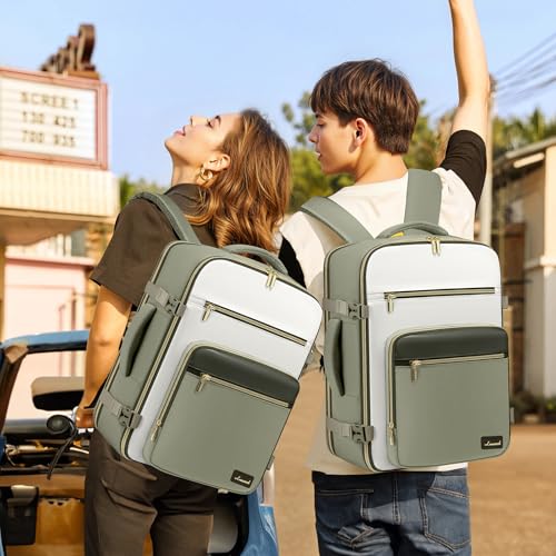 LOVEVOOK Travel Backpack For Women,40L Carry On Backpack Flight Approved,TSA Personal Item Travel Bag Fits 17 Inch Laptop,Business Weekender Overnight Daypack with Back Pad and Chest Buckle,Cubes - color: Green and White, size: 17.3 Inch-40L-4Pcs