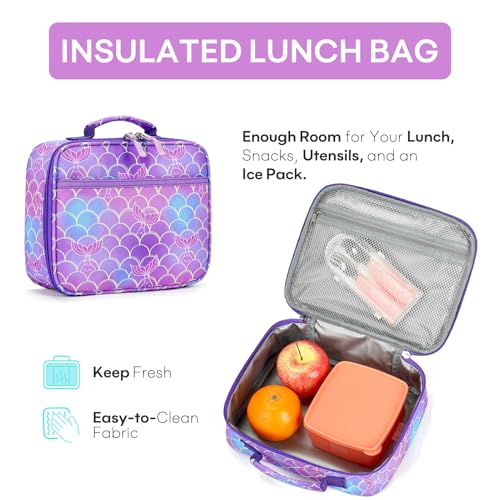 mibasies Girls Backpack with Lunch Box: 3PCS Kids Backpack Set for Kindergarten Elementary - 15 IN Cute Bookbag - Mermaid Tail - color: Mermaid Tail