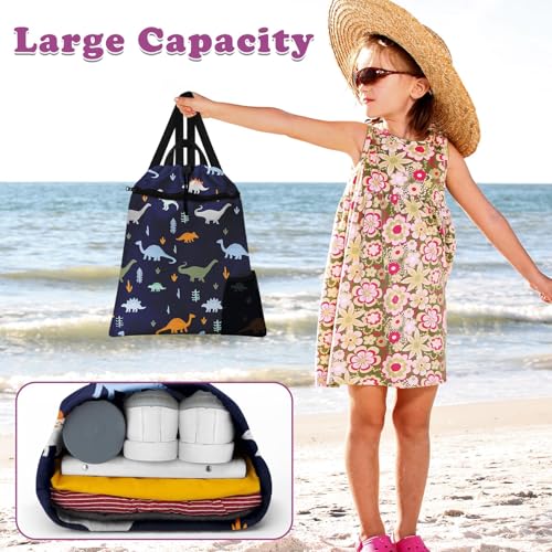 Funny Dinosaur Drawstring Backpack, 15” x 17” Waterproof Swim Bag for Beach Swimming Pool, Lightweight Foldable Gym Bag with Water Bottle Holder for Sports Travel - color: Funny Dinosaurs
