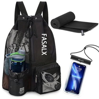3-in-1 Swim Beach Gym Gear Set.Mesh Drawstring Backpack + Microfiber Beach Towel + Waterproof Phone Pouch, for Swimming, Gym - color: Black