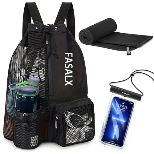 3-in-1 Swim Beach Gym Gear Set.Mesh Drawstring Backpack + Microfiber Beach Towel + Waterproof Phone Pouch, for Swimming, Gym - color: Black