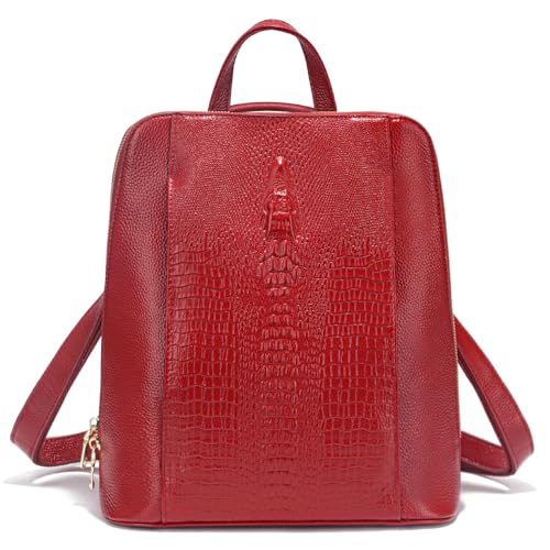 zency 100% Genuine Leather Knapsack Ladies Alligator Pattern Women Backpack For Work Laptop (Dark Red) - color: Dark Red