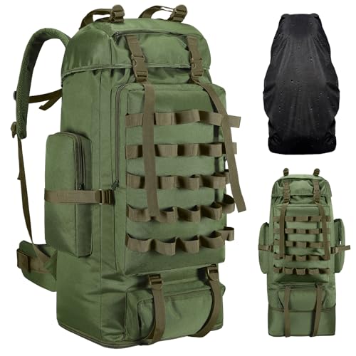 70L/100L Camping Hiking Backpack with Rain Cover, Expandable Large Military Tactical Backpack, Waterproof Molle Racksack Travel Backpacking Daypack for Climbing Trekking (Green) - color: Green