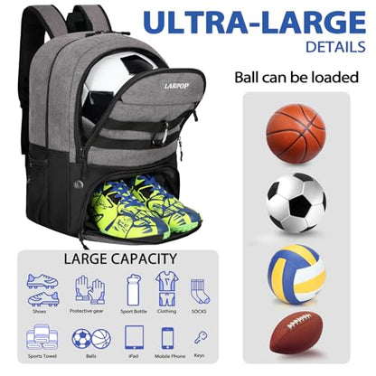 LARIPOP Soccer Backpack with Ball Holder & Shoe Compartment Large Capacity Sports Bag for Training - color: Light gray