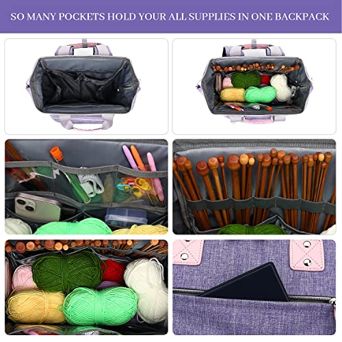 LTINVECK Knitting Bag Backpack,Yarn Storage Organizer Travel Crochet Bag,Large Capacity Tote Bag Yarn Holder Case for Carrying Projects, Knitting Needles, Crochet Hooks,Purple - color: Purple