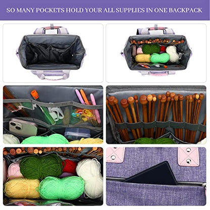 LTINVECK Knitting Bag Backpack,Yarn Storage Organizer Travel Crochet Bag,Large Capacity Tote Bag Yarn Holder Case for Carrying Projects, Knitting Needles, Crochet Hooks,Purple - color: Purple