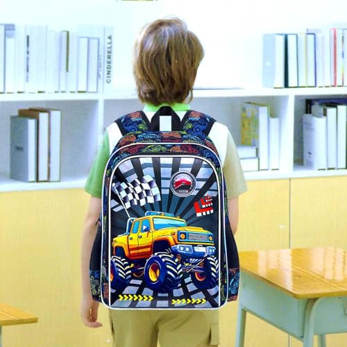 16" Truck Backpack for Boys, 3Pcs Bookbag with Lunch Box, Kids School Backpacks Set for Elementary Preschool Kindergarten (Balck) - color: Truck Yellow